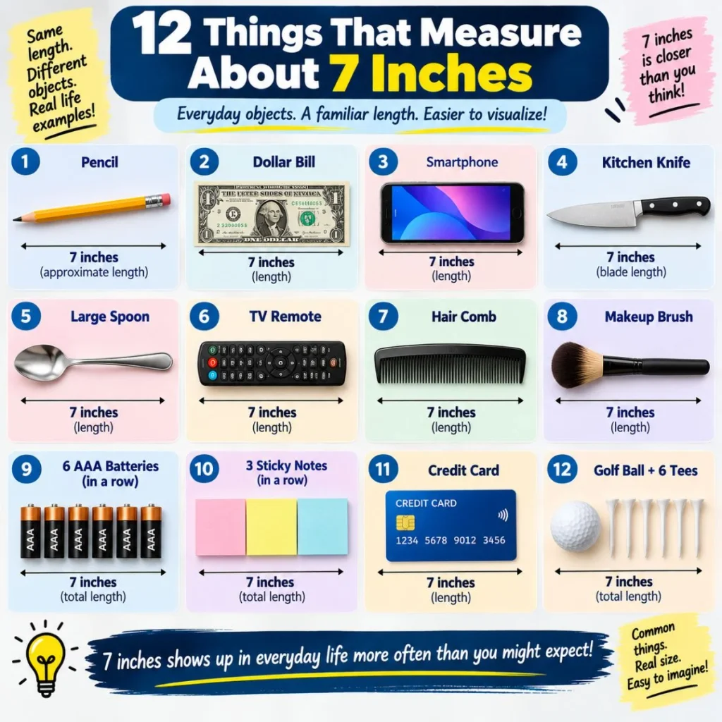 12 everyday things that measure about 7 inches, including a pencil, phone, remote, comb, card, and spoon