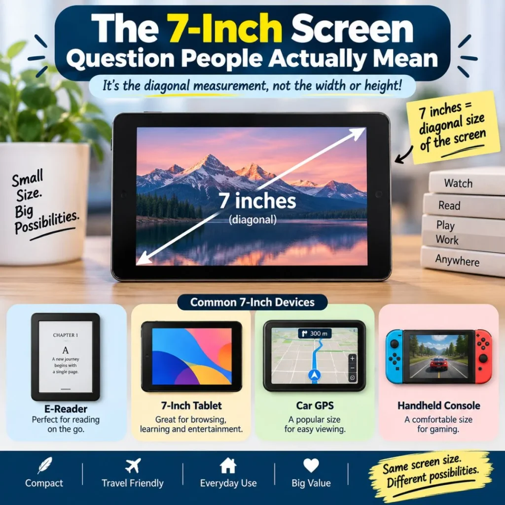 7-inch screen explained with diagonal measurement and common devices like tablets, GPS units, and handheld consoles