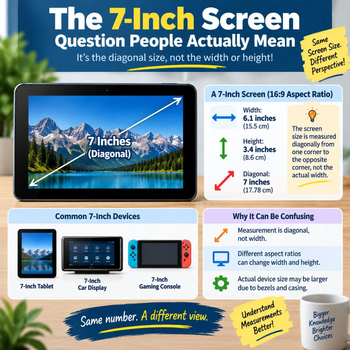 7-inch screen size explained with diagonal, width, height, and common device comparisons