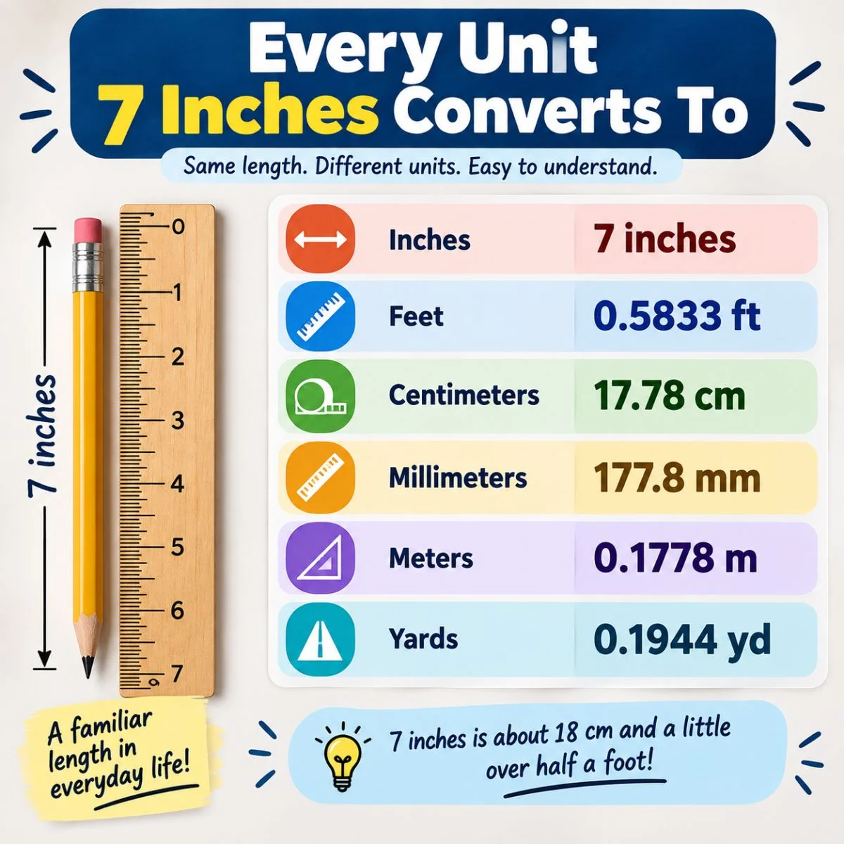 7 inches conversion chart showing feet, centimeters, millimeters, meters, and yards