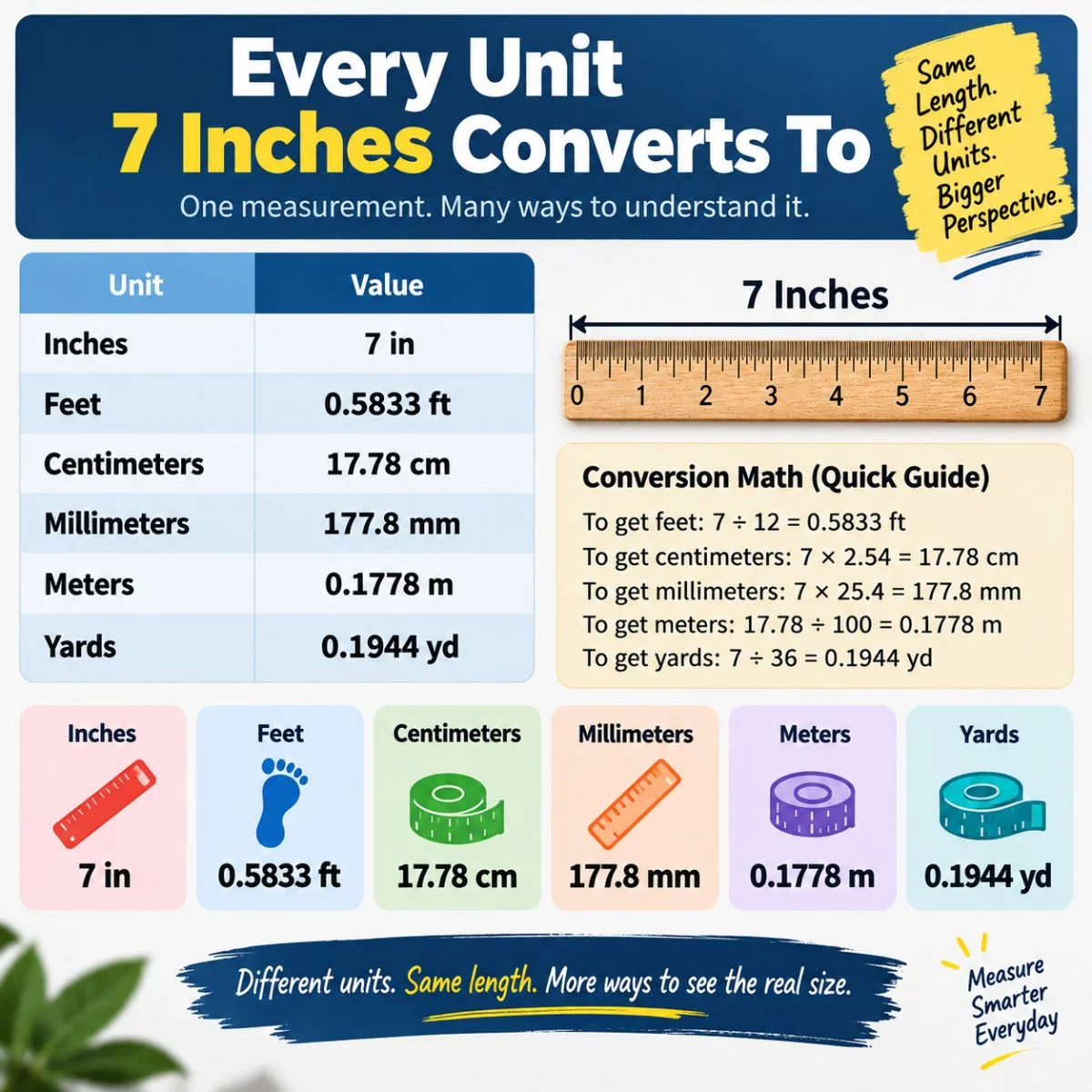 7 inches conversion chart showing feet, centimeters, millimeters, meters, and yards